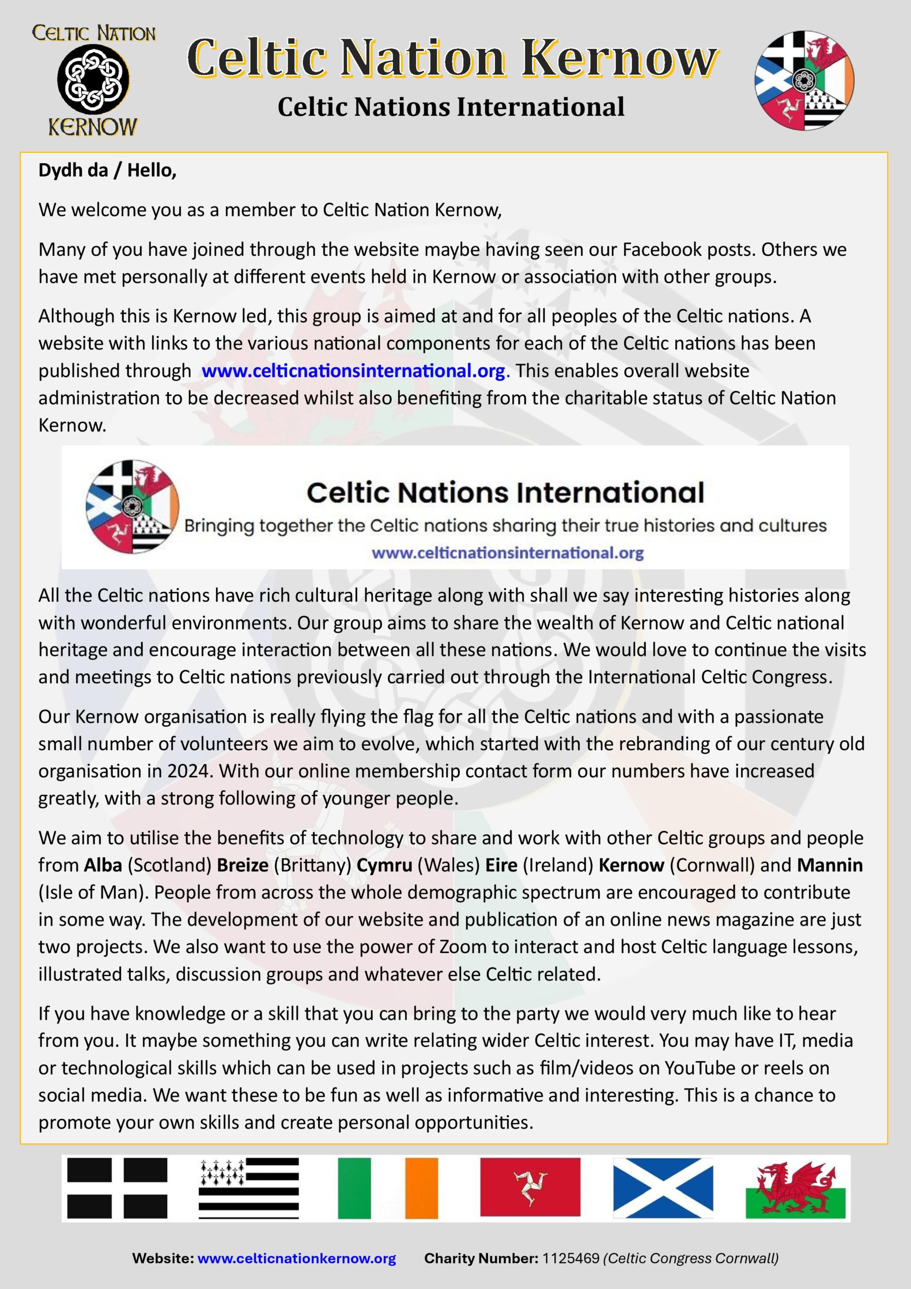 Celtic Nation Kernow Welcome Letter 